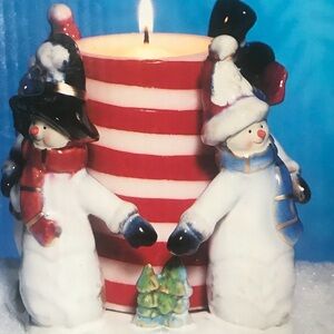 Porcelain Snowman Candy Cane Tea Light Holder